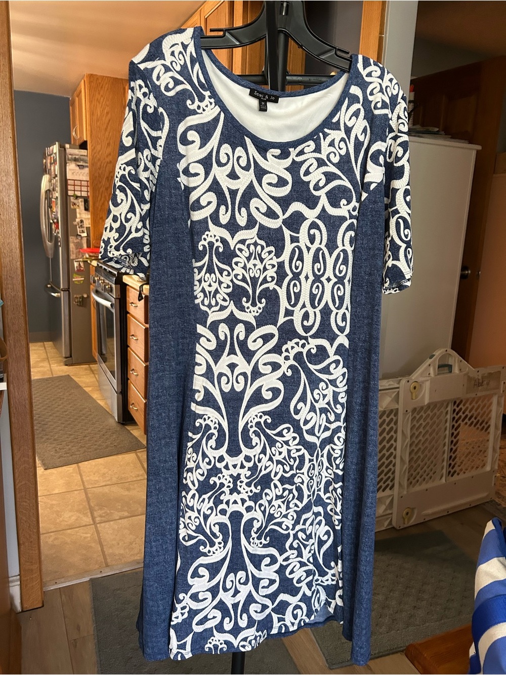 Sami & Jo Navy and White Midi Dress with Ornate Pattern
